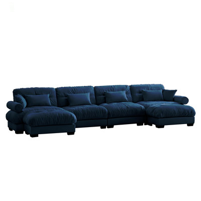 L Shaped Sectional Cloud Sofa , Convertible Deep 4 Seater Modular Couch For Living Room,Modern Velvet Comfy Upholstered Corner Couch  Waist Pillows, Throw Pillows And Blostered Armrests