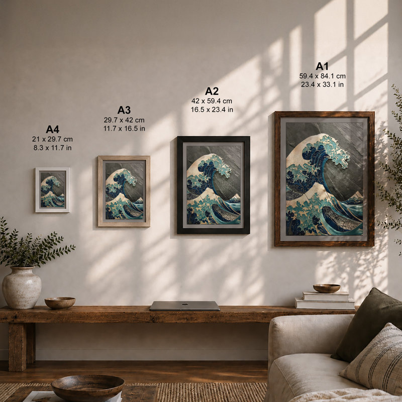The Great Wave Japandi - Framed Print, A2 - 59.4 x 42.0 cm, Oak