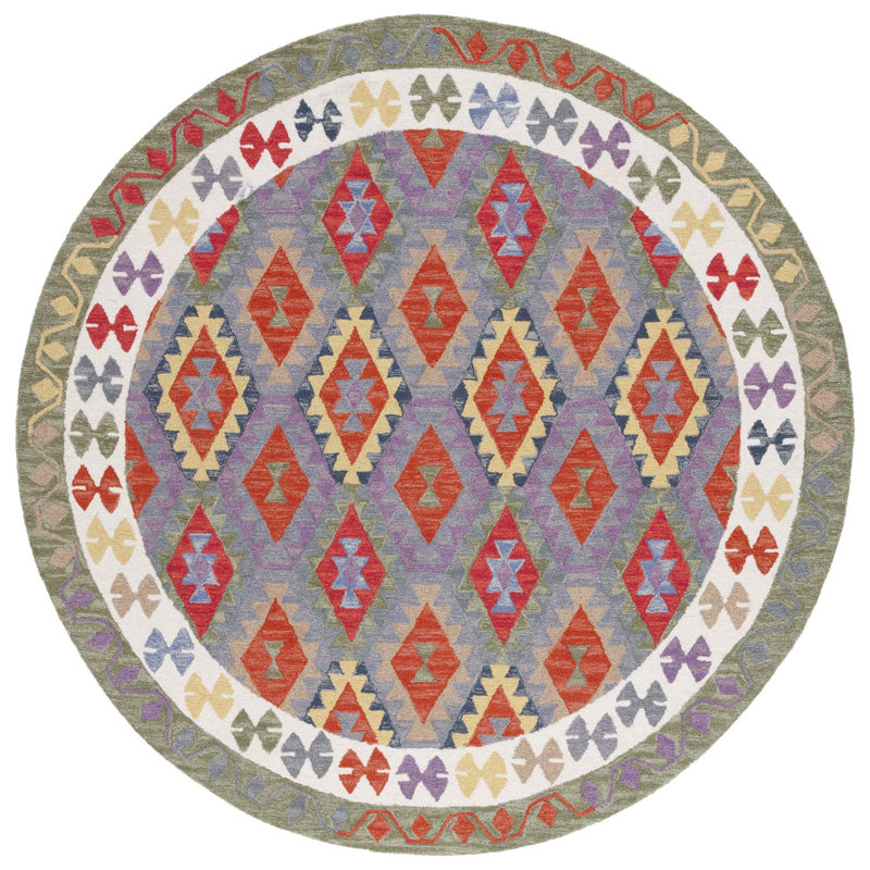 Tapis touffeté à la main de style sud-ouest Horwich en mauve / blanc / vert, Rond 7 pi