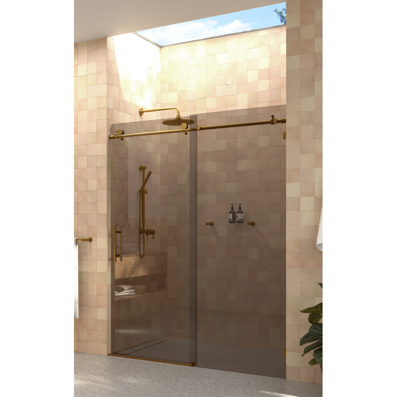 Equinox 56 - 60 in. x 78 in. Fully Frameless Tinted Sliding Shower Door, Satin Brass