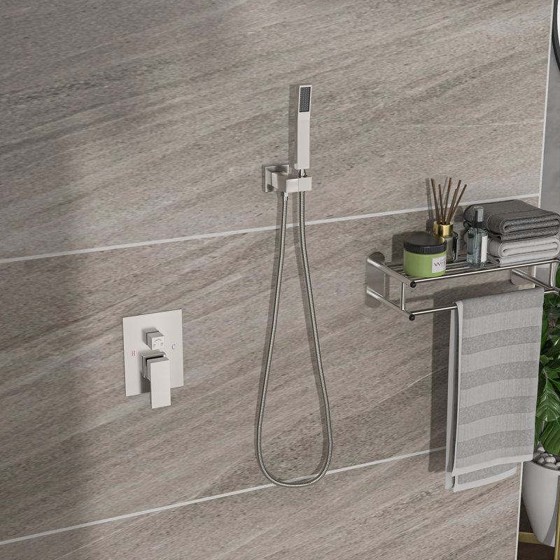 Système de pomme de douche double à fixation au plafond carrée 16 pouces avec douchette à pluie, nickel brossé, acier inoxydable, valve à pression équilibrée Lsi