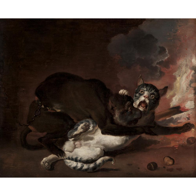 "Le singe et le chat" par Abraham Hondius - Art mural sur toile tendue avec châssis, H 17 po x l 24 po
