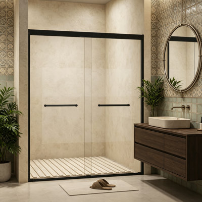 54"W × 72"H Matte Black Double Sliding Shower Door, 1/4" Explosion-Proof Tempered Glass with Aluminum Frame & Stainless Steel Handle