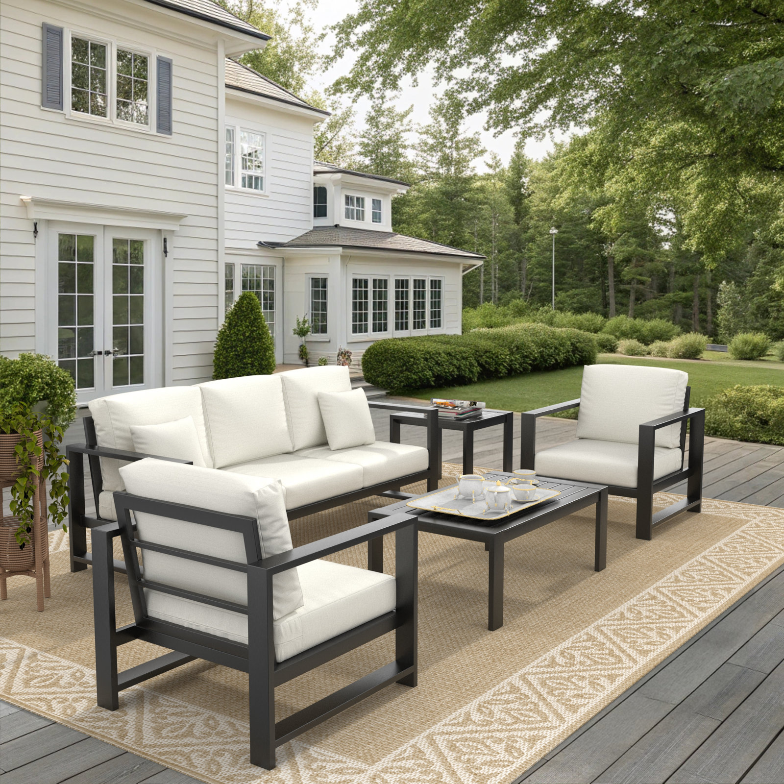 Dulcie 5 Person Seating Set with Sunbrella® Cushions, Canvas White Sunbrella® Canvas