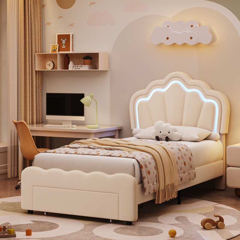 Lit pour enfant tapissier avec tiroir et tête de lit réglable Avalie, Simple, Crème