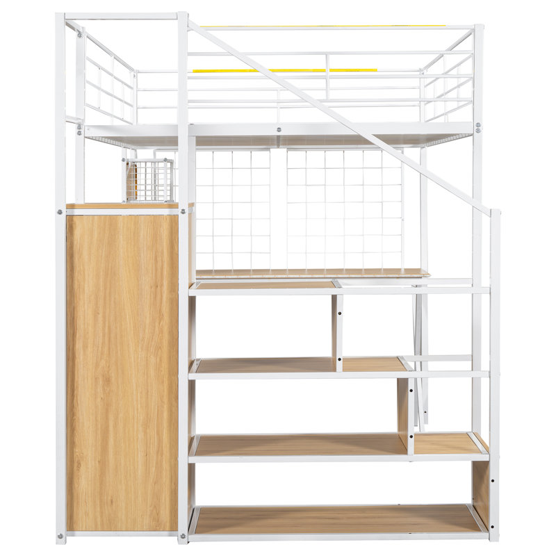 Metal Loft Bed with Built-in Work Station, Wardrobe, Storage Staircase and LED, White, Full