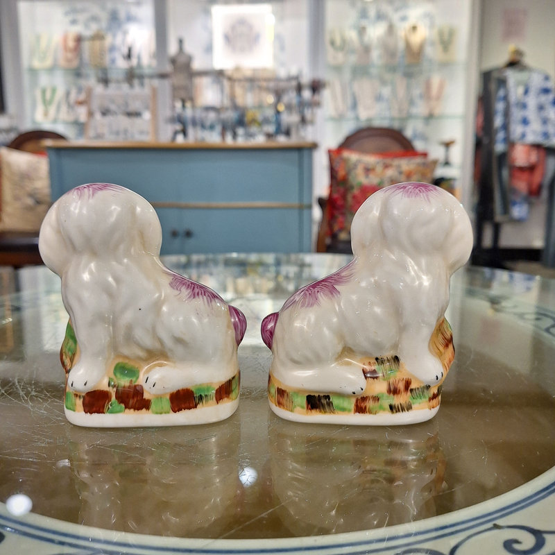 Small Blue Staffordshire Style Bunny Figurines Pair, Pink/White/Beige
