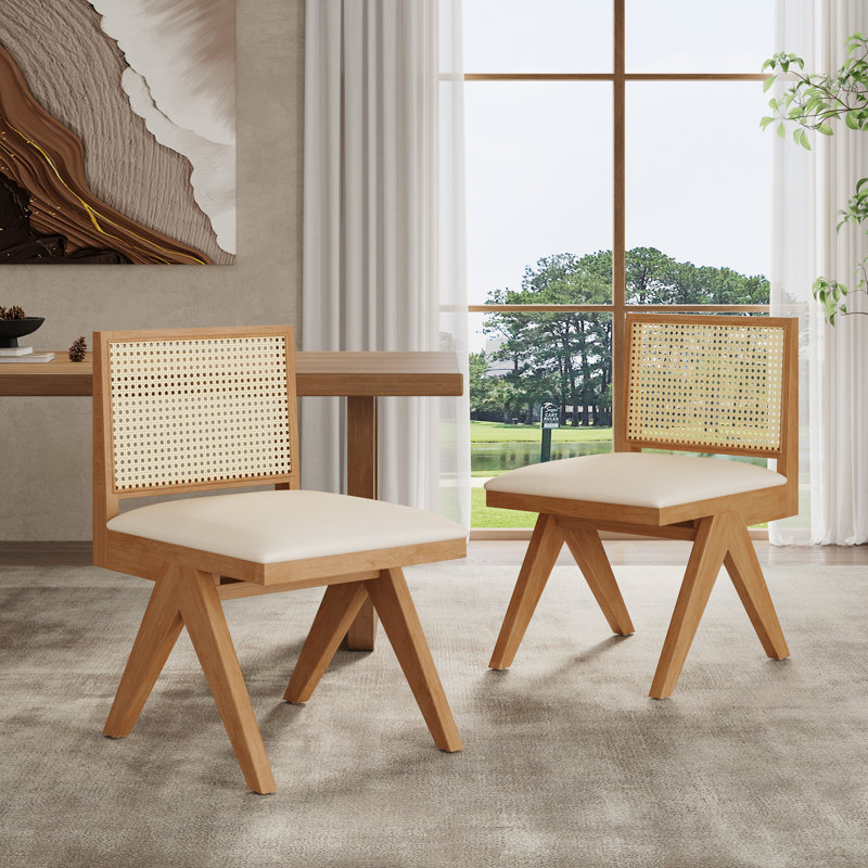 Natural Rubberwood and Cane Upholstered Dining Chairs, Set of 2