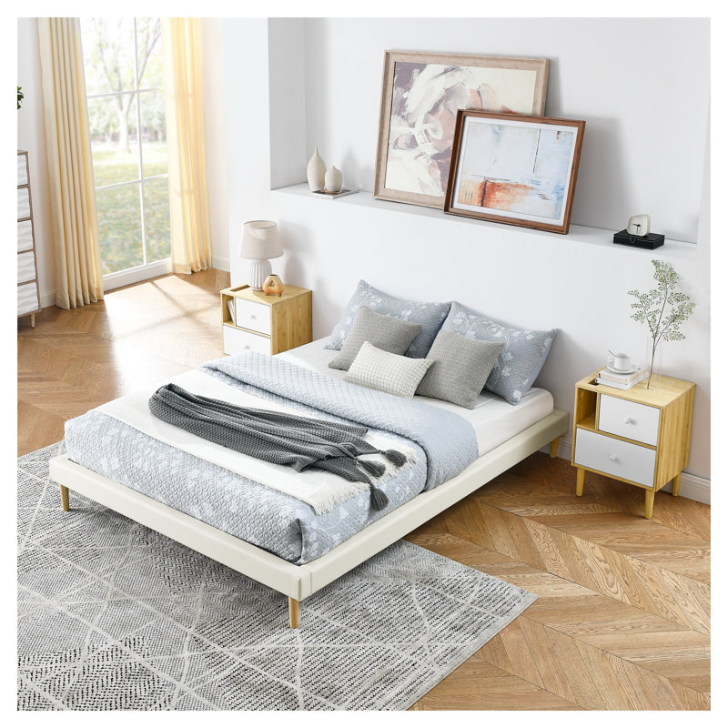 Base de lit plateforme grand sans tête de lit avec 12 lattes, base en similicuir blanc à profil bas