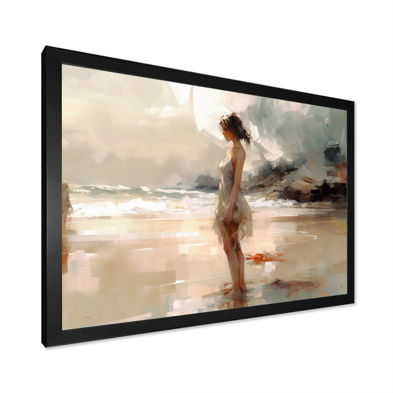 Art féminin, "Femme au bord de l'océan", H 12 po x l 20 po x P 1 po, Cadre photo noir