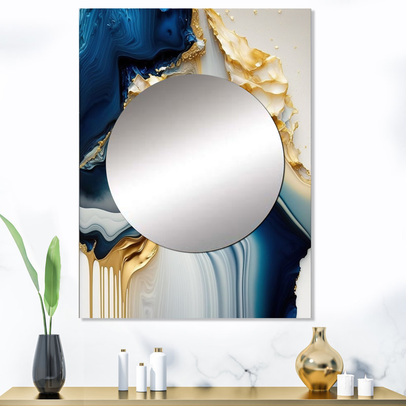 Colfield abstrait géométrique or et bleu marbre II - miroir décoratif en marbre, miroir mural moderne, impression d'art en métal