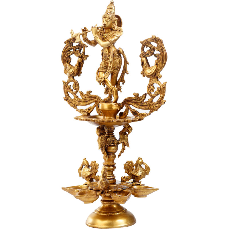 Lampe de dévotion en laiton 19 po Lord Krishna | Fait à la main | Fabriqué en Inde