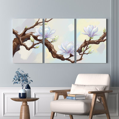Magnolia Blossom Branch, peinture à l'huile sur toile tendue, ensemble de 3 décorations murales