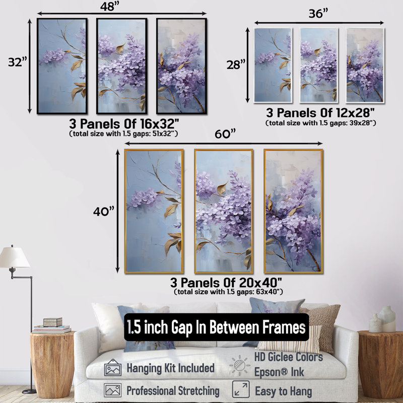 Ensemble d'art mural lilas mauve et mauve en fleurs II, Cadre flottant doré, H 32 po x l 48 po x P 1 po
