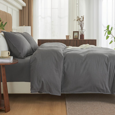 Housse de couette en lin et coton avec fermeture éclair invisible (Queen, gris foncé)