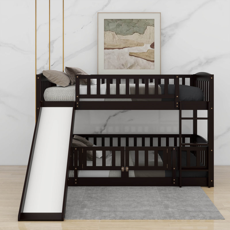Lit superposé simple au-dessus de simple avec clôture, échelle et glissoire pour enfants adolescents, Espresso