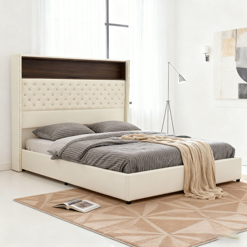 Cadre de lit doux en velours capitonné avec port USB et veilleuse, tête de lit haute 52 po avec rivets, Grand, Noir
