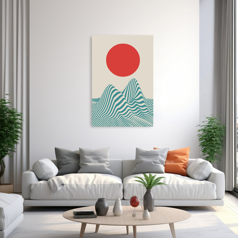 Paysage japonais de lever de soleil abstrait vintage, art mural nature, H 60 po x l 40 po