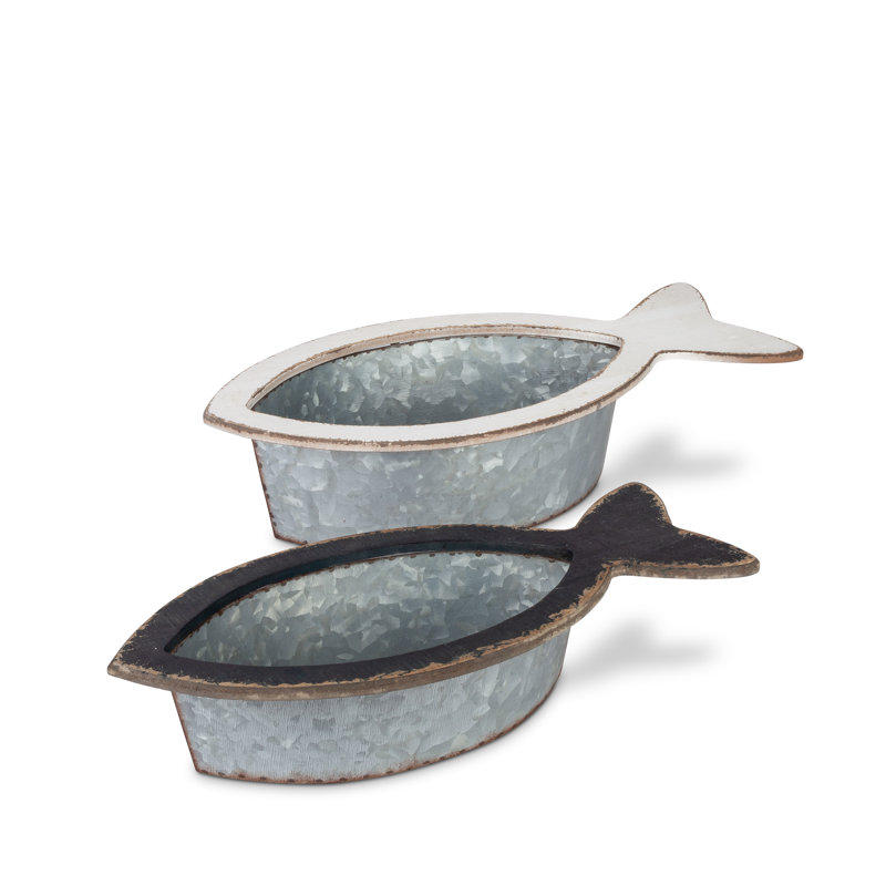 Assorted, Nested Galvanized Fish-Shaped Buckets with Painted Wood Edges (Set of 2)