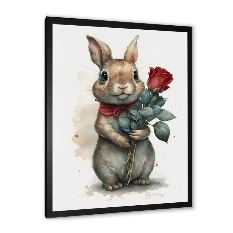 «Bunny Love Holding a Rose», reproduction sur toile, Impression noire sur toile encadrée, H 40 po x l 30 po x P 1,5 po