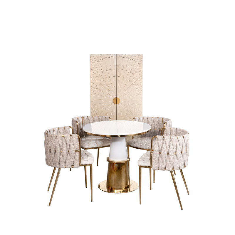 Vanessa Round Dining Table with Sculptural Wood and Metal Base – Modern Dining Table with Decorative Edge Detail