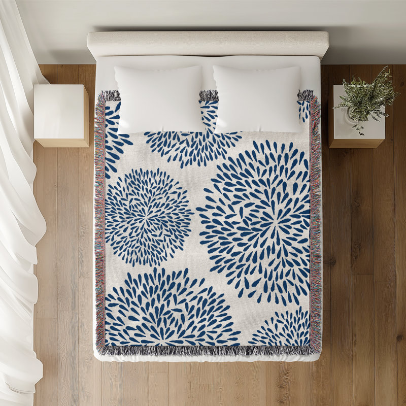 Jeté floral en coton, 50 x 60, Marine