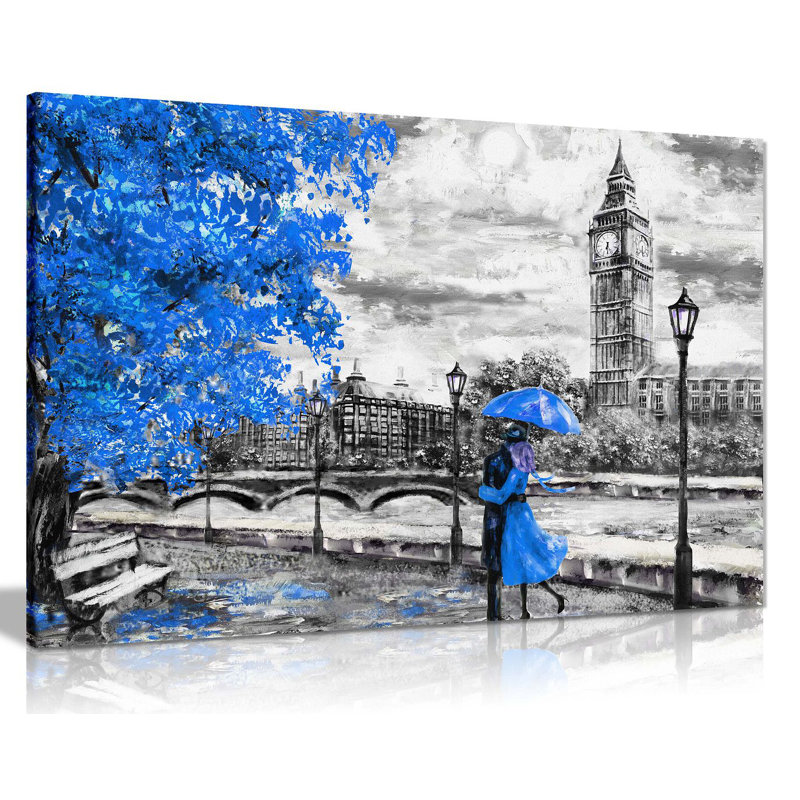 London Oil Painting Artwork Reproduction Big Ben - Wrapped Canvas Print, 31cm H x 46cm W, Blue