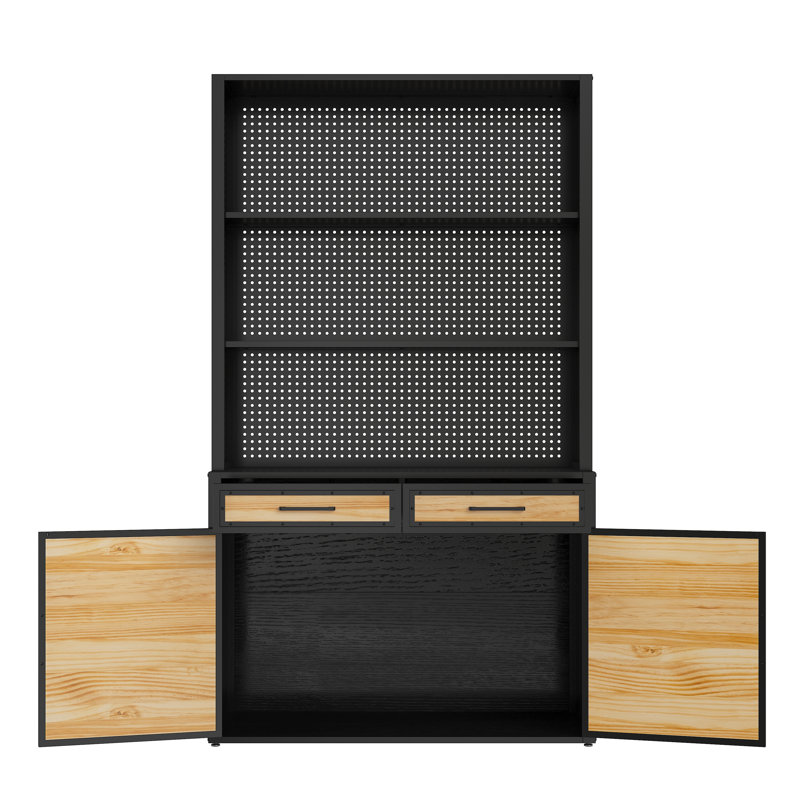 Armoire à outils industrielle 82,7 po avec panneau perforé, métal noir et bois de pin avec tiroirs