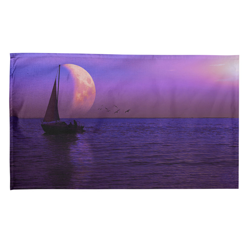 Serviette de thé lune et voilier, Polyester sergé, Mauve