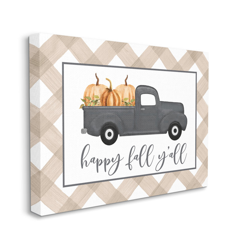 «Happy Fall Y'all Vintage Truck Carrying Pumpkins» par Lettered and Lined - cadre flottant, impression sur toile