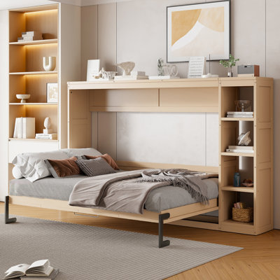 Lit escamotable double avec bibliothèque, naturel - Lit mural peu encombrant pour chambre ou chambre d'amis
