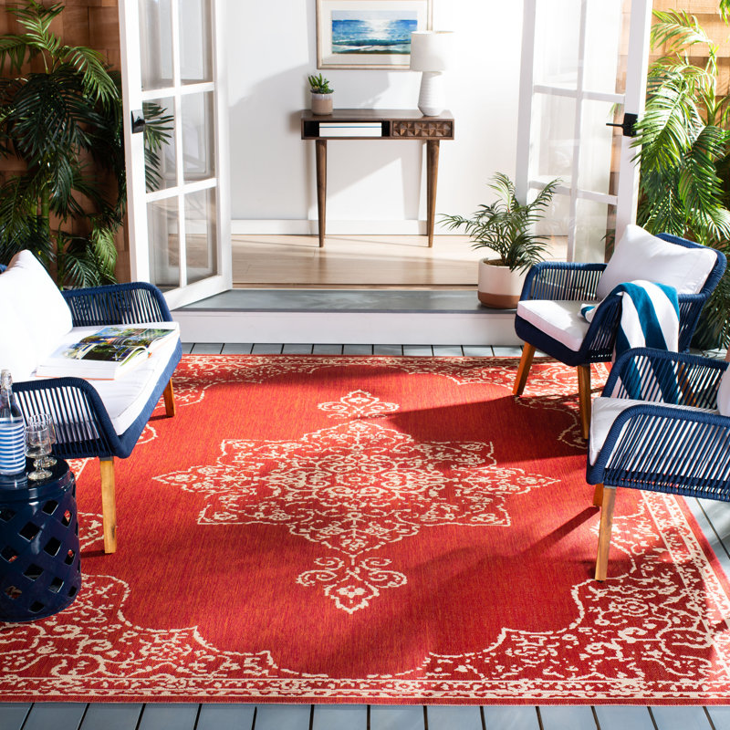 Danya Oriental Red/Cream Indoor / Outdoor Area Indoor/Outdoor Area Rug, Rectangle 6'7" x 9'2"