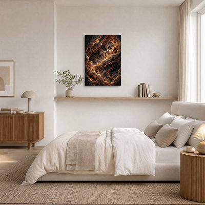 Motifs orange vif évoquant des racines sur toile de pierre foncée
