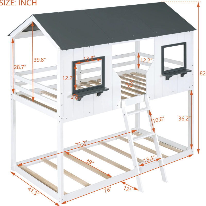 Twin Over Bunk Bed  White  - Solid Construction With Window In White Playhouse Inspired Design