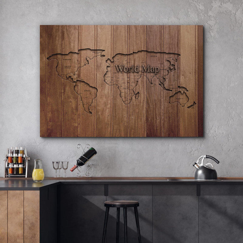 «World Map Wood Effect Panel 2», reproduction d'art sur toile, H 16 po x l 24 po x P 1,5 po