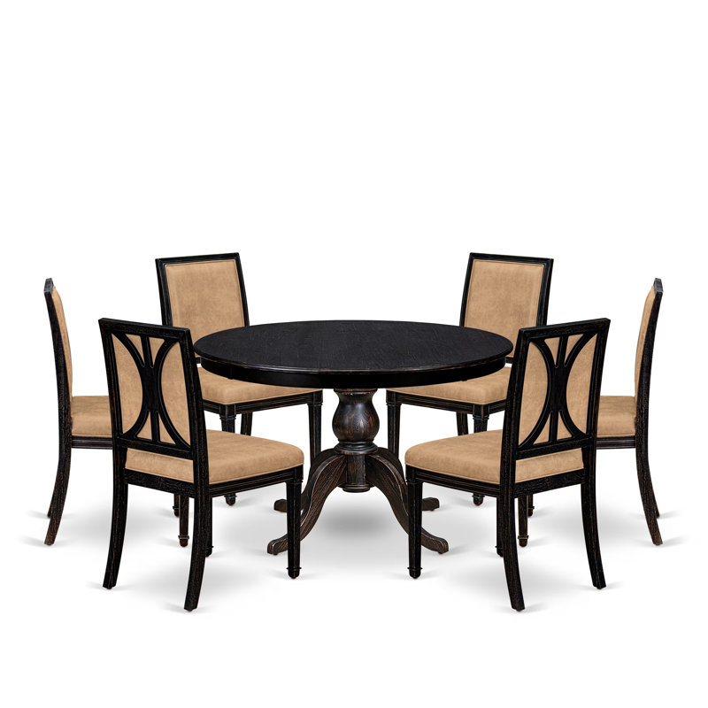 Table ronde 7 pièces et 6 chaises modernes en polyester avec dossier haut, noir sablage, 7 pièces : table, 6 chaises