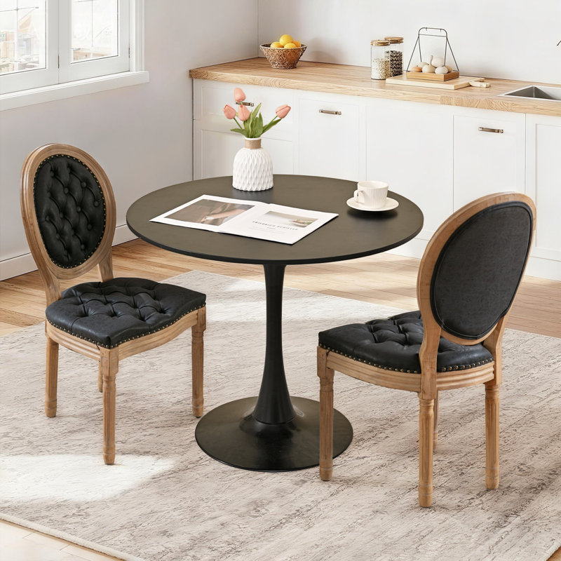 Ensemble de table de salle à manger ronde 31,5 "et 2 chaises à dossier rond, Noir, Noir