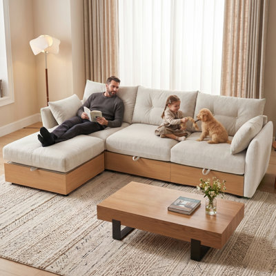 92.5" Modular Sectional Sofa Sleeper with Storage, L-Shaped Convertible Couch with Reversible Chaise, Deep Seat Cloud Sofa, Oatmeal Beige Upholstered Living Room Sofa with Wood Grain Base