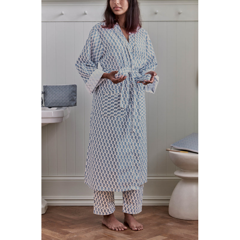 Bree 100% Cotton Plain Weave / Muslin Mid-Calf Bathrobe, Blue