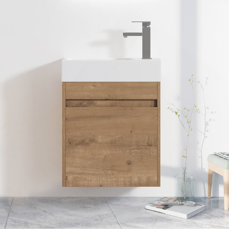 Meuble-lavabo mural 18 po avec lavabo en résine blanche et porte d'armoire à fermeture en douceur 18 po, Brown