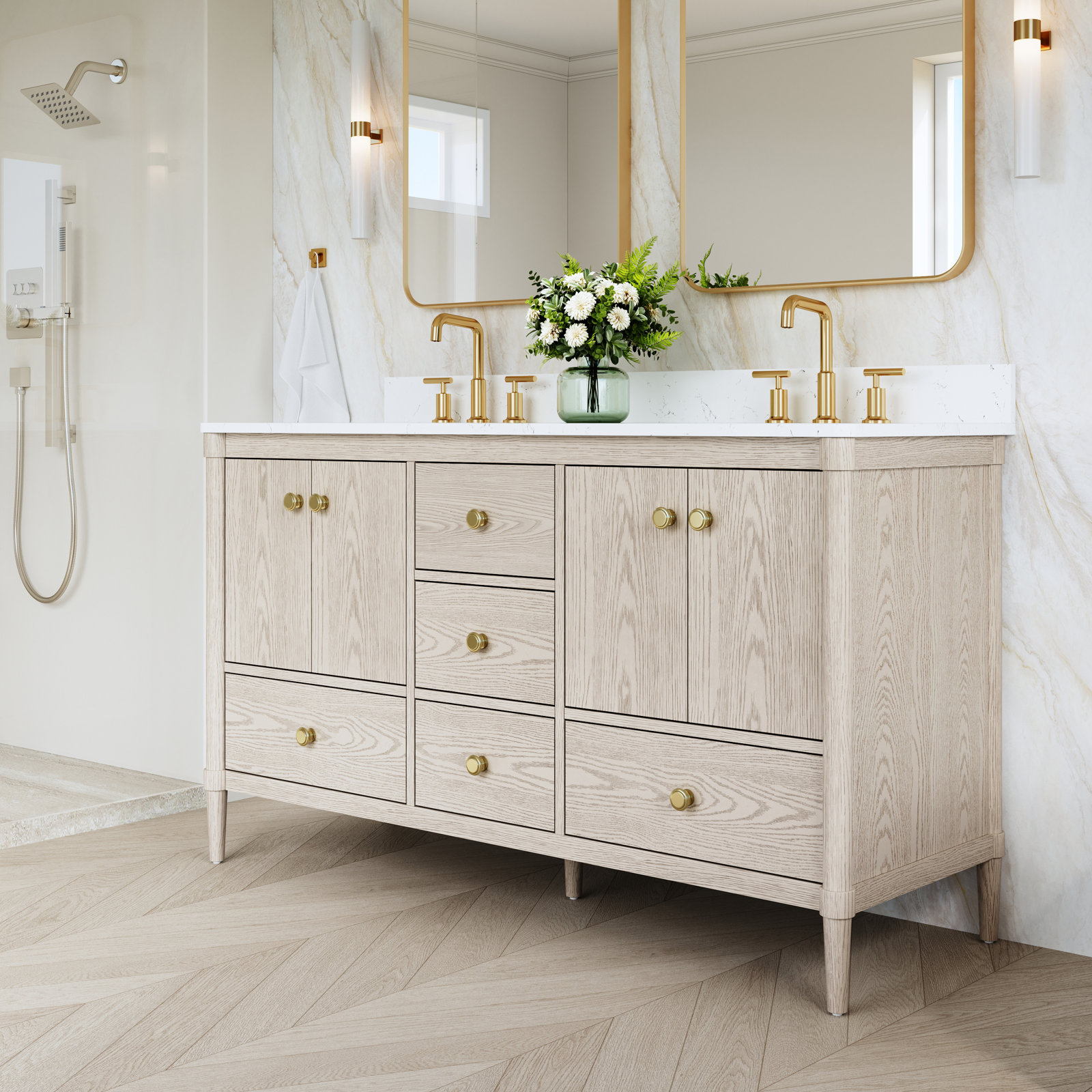 Gabby Solid Wood Double Sink Bathroom Vanity With Carrera Quartz Top, 60"