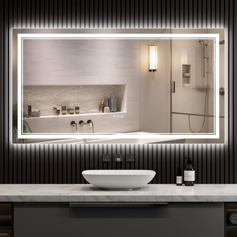 Miroir de salle de bain à DEL avec éclairage: avant et rétroéclairé, verre trempé, 3 couleurs, intensité variable, IRC 90+, désembuage