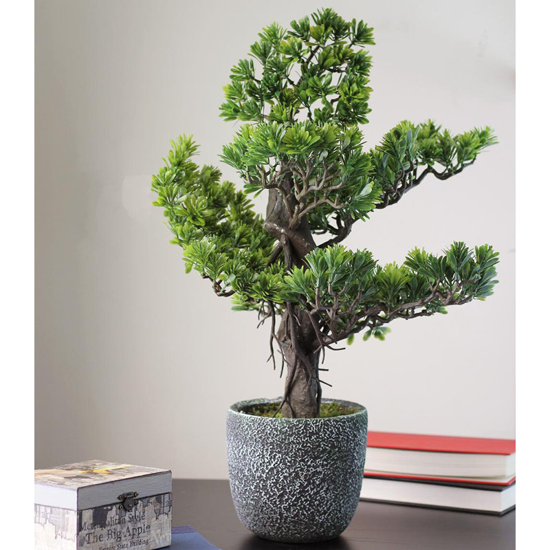 Bonsaï japonais artificiel 21 po dans un pot en pierre rond