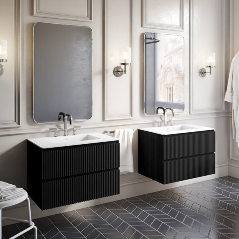 Linear 30 In. W X 21 In. D X 21.5 In. H Bath Vanity In Black Gloss With Solid Surface Countertop, 24.25" W
