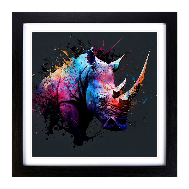 Rhino Splatter Art - Single Picture Frame Print on Wood, Black