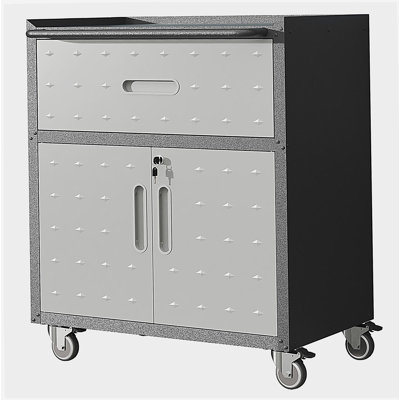 Armoire à outils en métal robuste et durable pour le garage avec roues - Armoire de rangement mobile robuste avec 1 tiroir et 2 portes verrouillables, armoire de rangement à outils roulante, noire et grise