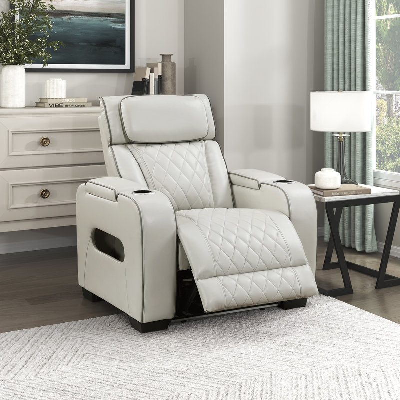 Fauteuil inclinable en similicuir respirant de 37,5 po avec appui-tête, éclairage à DEL et bras de rangement Savion, Taupe