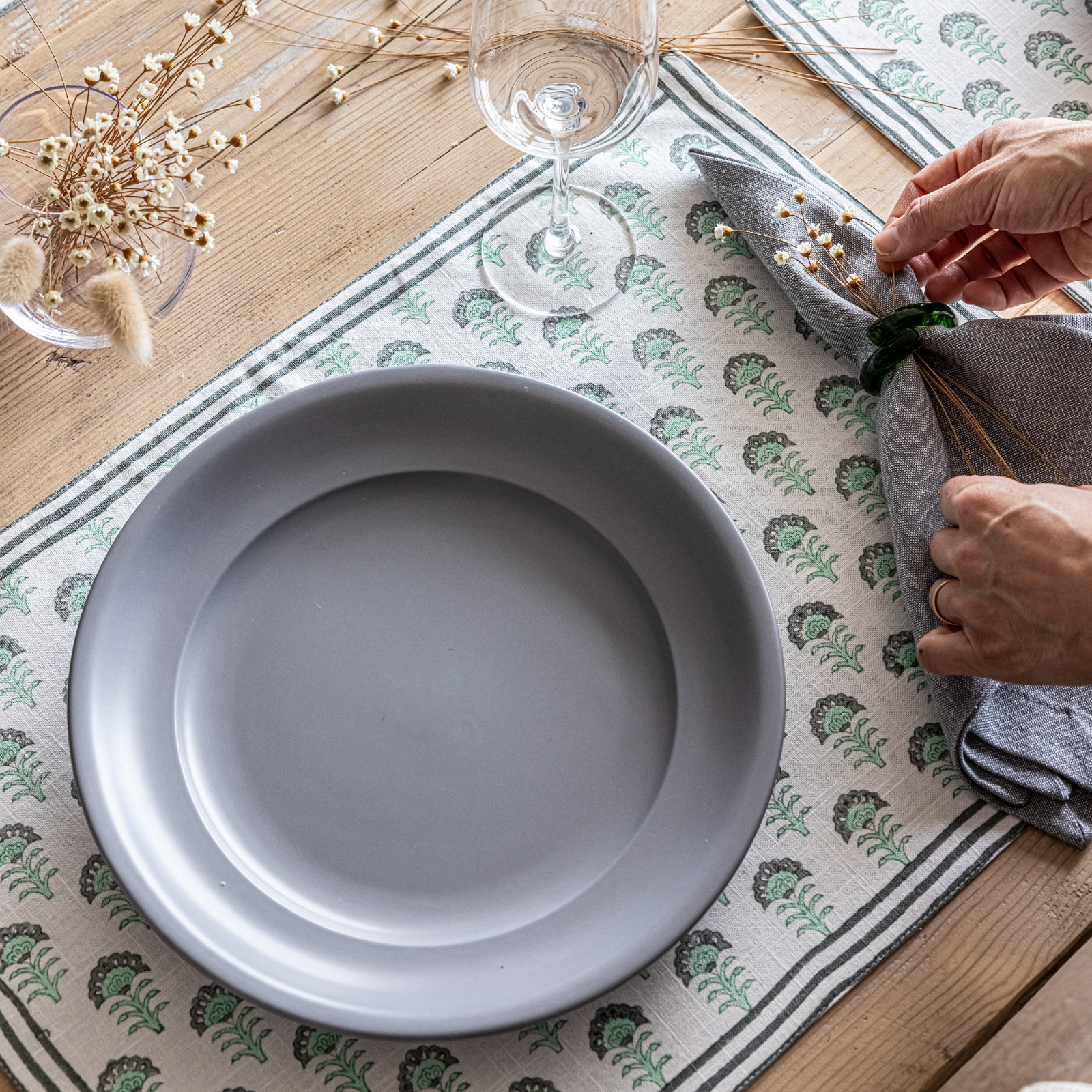 Hand-Blocked Cotton Placemat, Green Flower