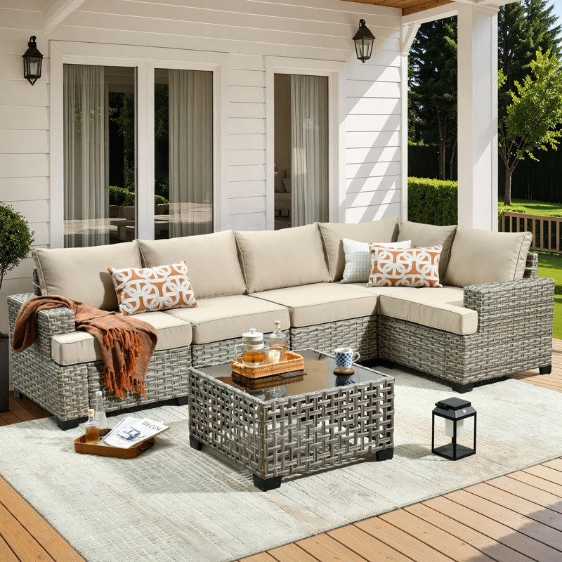 Beige Wicker 6-Person Outdoor Sectional Sofa Set with Cushions