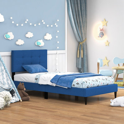 Winston Porter Twin Upholstered Platform Bed Mattress Foundation Button Tufted Headboard Blue by Winston Porter